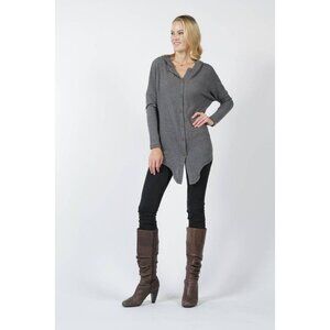 Mai Soli Gray Ribbed Button-Down Hooded Long Sleeve Tie Top Womens S